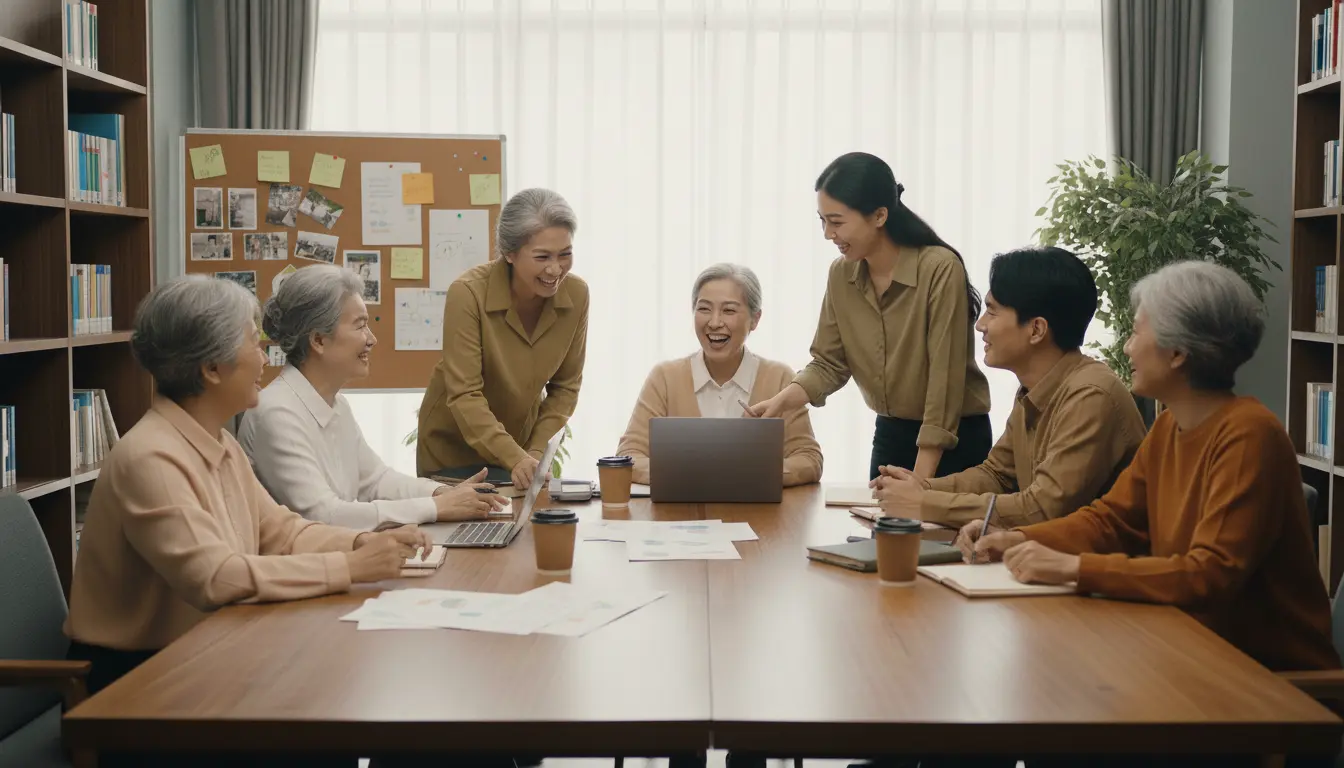 一群快樂的長者與教練一同學習使用科技設備